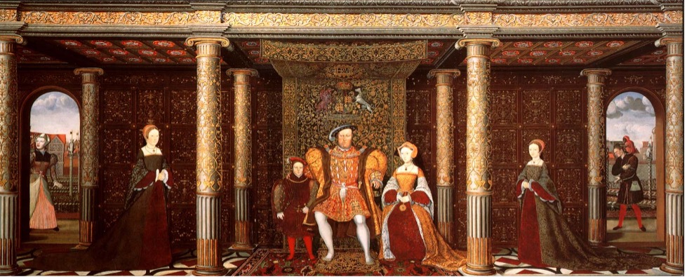 A painting of Henry the Eighth and his family. Under two archways leading outdoors on either side of the family are Will Somers and Jane the Fool.