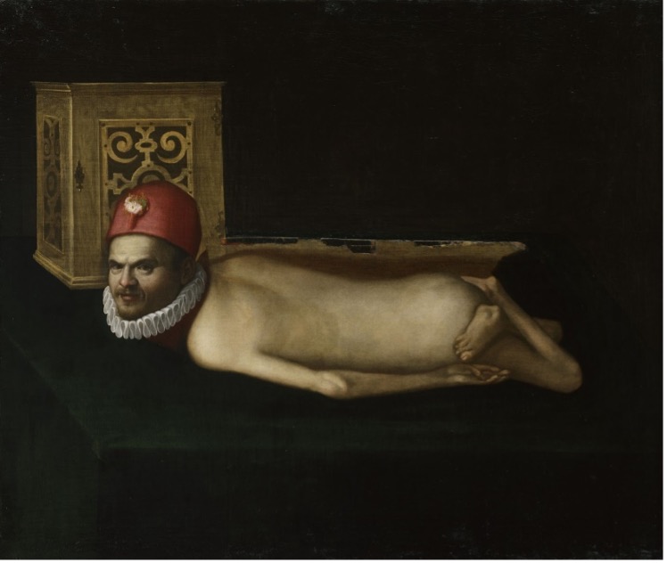 A painting of a man laying down on his stomach. The man is nude and has a disability or deformity in the lower body and legs.