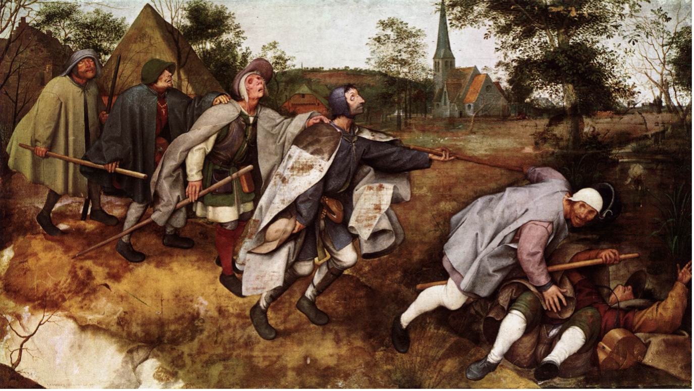 A painting of men in a line, guiding one another. There is a church in the background.