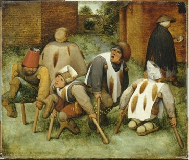 A painting which depicts five disabled beggars, whom are each supported by a pair of crutches.