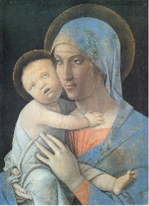 A painting of a woman holding a child. They both have halos around their head.