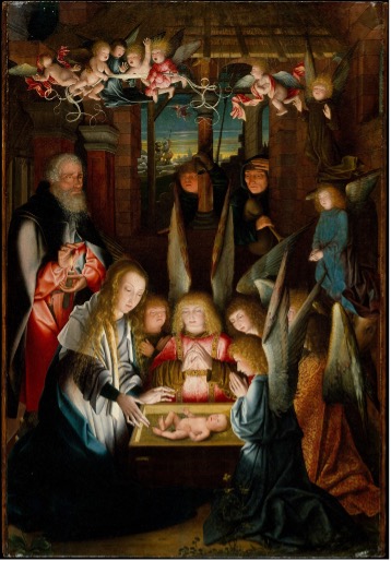 A painting of angels gathered around the Christ Child and Mary.