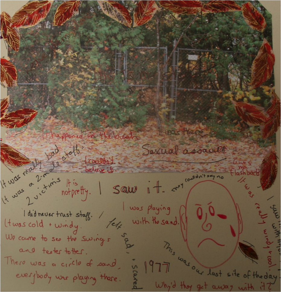 The top half of this scrapbook page features a photograph
        of a closed chain-link fence, covered in bush. There are dead autumn leaves
        along the ground. The photograph is lined with a border of stylized red
        and gold leaves.