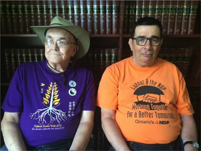 A photograph of survivors Peter Park and Martin Levine.
        They sit together in front of a library of law books at ARCH Disability
        Law Centre, which is where interviews took place for this paper.