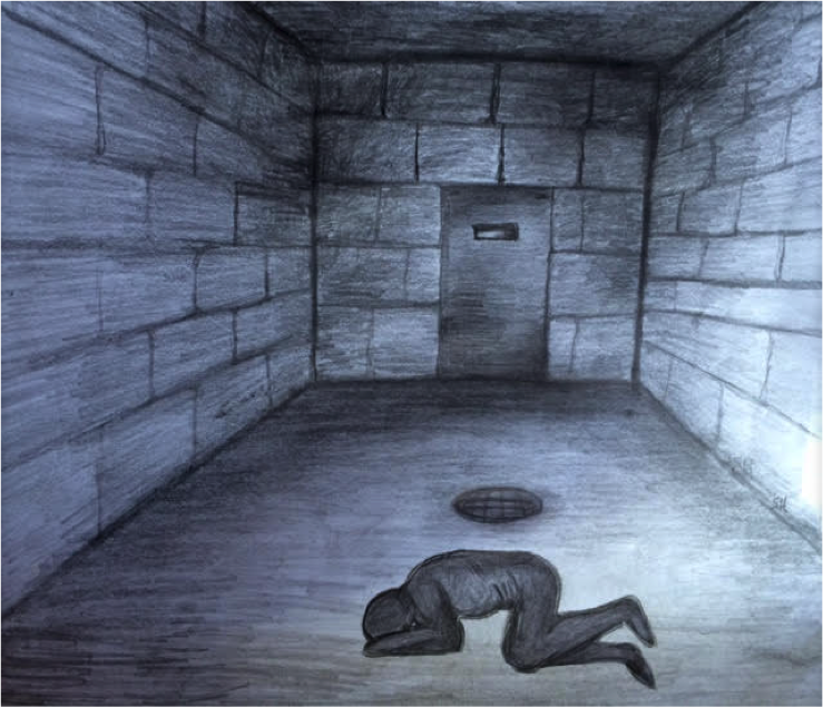 Dehumanization Then, Advocacy Now (by Sue Hutton with
          direction from Peter Park). This image is a visual depiction of Peter’s
          experience in the detention ward at the institution. The image shows a
          concrete cell with dark, dirty walls surrounding a bare figure without
          clothes. The bare figure represents Peter lying on a concrete floor. There
          is a steel door at the back of the room with a little window in it. Beside
          Peter is an open drain.