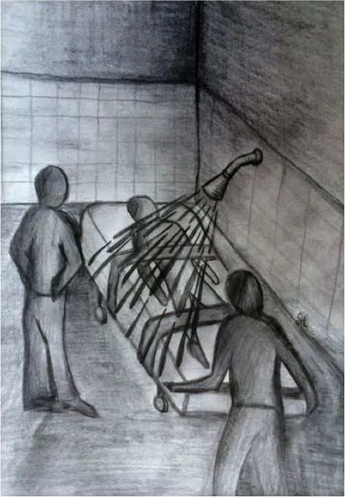 Water Torture (by Sue Hutton with direction from Martin
          Levine). This image shows a depiction of water torture from Martin’s memory.
          There is a dirty industrial shower stall at an institution in the image.
          There is a rolling bed with a figure (Martin) tied down on it. There are
          bands tying him down across his chest and across his legs. There is a man
          holding the bed at the end and another man standing watching with his hands
          on his hips. There is a shower faucet above him with water rushing down
          over his body.