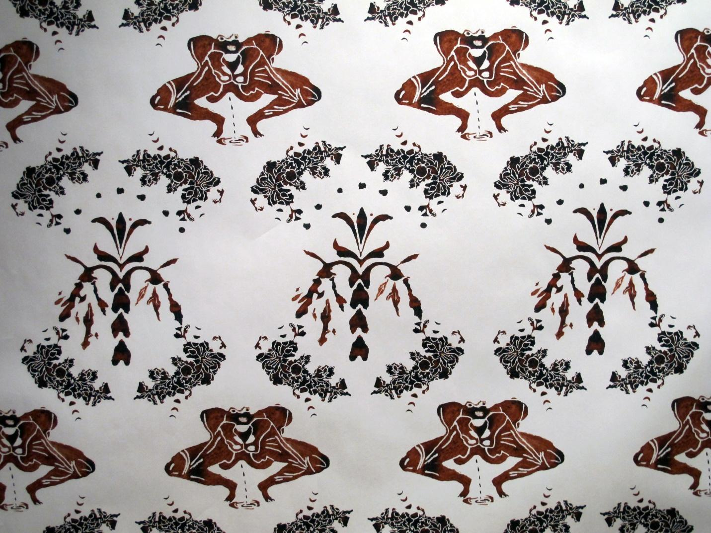 This is a detail image of digital wallpaper print
        by Vanessa Dion Fletcher that is part of the exhibition Own Your Cervix
        at the Tangled Art Gallery. This print was made using the artists menstrual
        blood and features a repeating pattern of three images (motifs). The first
        motif, which appears at the top of the work and bottom of the image, is
        an illustration of legs squatting and protruding from a pelvis creating
        a diamond shape. The pelvis bones are disproportionately larger than the
        legs and there is a stream of blood pouring out of the pelvis, forming
        a pool underneath. The second motif is a black semicircular ornamental
        floral shape mirrored horizontally beside it. The third motif is a damask
        pattern shaped like a floral sprig with a long stem and two drooping leaves
        on either side. The pattern in the wallpaper alternates between legs and
        pelvis figure, mirrored semicircular floral shapes, and a damask motif.