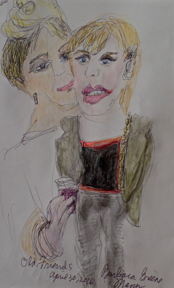 This is a pen and coloured ink drawing by Barbara Mann drawn at Cripping
        the Stage: A Disability Cabaret. The application of ink and lines is loose
        and sketchy. The figures proportions are uneven and slanted. There are
        two blonde, white people standing close to one another. The figure in the
        foreground in Alex Bulmer, the curator of Cripping the Stage. The person
        on the left appears to be leaning over the shoulder of Alex, the woman
        in front of them. The person in the background has short blond hair on
        the side of their head, with long tufts on the top. They have blue eyes
        and wears a white dress-like garment with lilac gloves that grasp a cup
        of red wine. Alex, the woman on the right has short, cropped hair with
        bangs swept to the side. She wears an olive blazer over a black top with
        her hands tucked in the pockets of her grey pants. The artist has written
        “Old Friends” and the date “April 30, 2016” in cursive at the bottom of
        the artwork. The artist’s signature is written in the same cursive on the
        bottom right of the image.