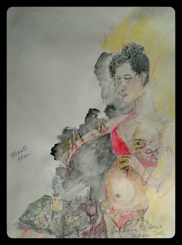This is a pen and coloured ink drawing by Barbara Mann that she drew at
        Cripping the Stage: A Disability Cabaret. The drawing features performer
        Masti Khor, a brown person with curly black hair in a bun atop their head.
        They are wearing a bright pink bra and pink patterned underwear. Their
        eyelids are lowered and appear to gaze down at their nose ring. One of
        their arms is stretched out at their side with clothes pins sticking out
        in a row. The skin is pink where the pins stab her arm. The person is standing
        above a green tray that has containers and other objects filling its surface.
        A yellow glowing light fills the left side of the image and appears to
        illuminated the side of the figure’s body. There is a black, smoky looking
        shadow behind the figure. ‘Masti Khor’ is written in the white space to
        the right of the image. The artist has signed and dated the bottom left
        of the artwork.