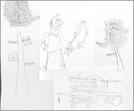 Sketch of a camper van, two tall trees, and a person fishing.
