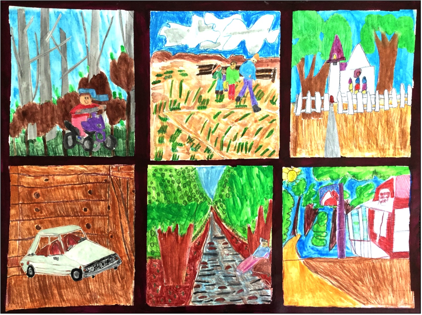 Drawing of six panels depicting Jack's trip to Grandpa's, including Jack riding a quad in the woods; Grandpa, Jack’s brother, and Jack walking in a field; attending church; Grandpa's car; a pathway; and a country store.